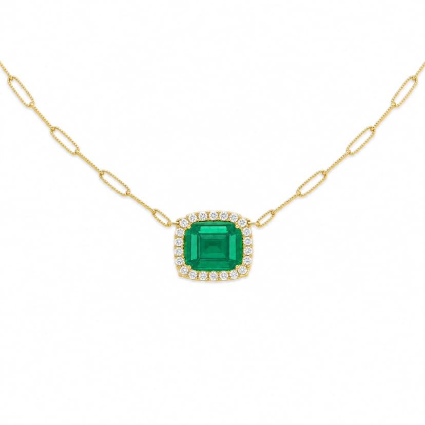 Colar em Ouro Amarelo Corrente Cartier e Esmeralda Retangular e Diamantes - Glow Up