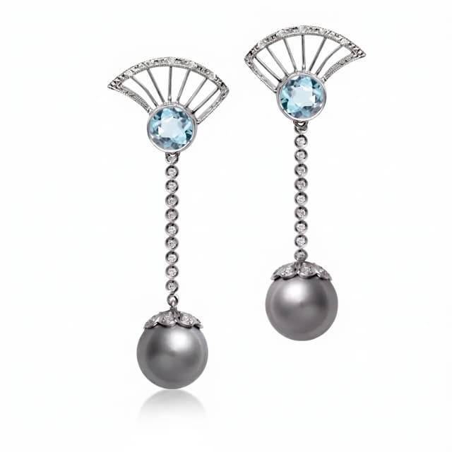 Brinco Tennure Longo Topázio Sky e Pérolas Cinzas com Diamantes