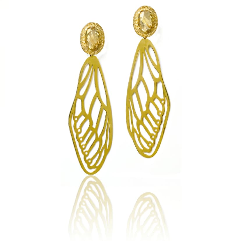 Brinco Cicada Wing em Ouro Amarelo 18K, com Quartzo Rutilado e Safiras Amarelas
