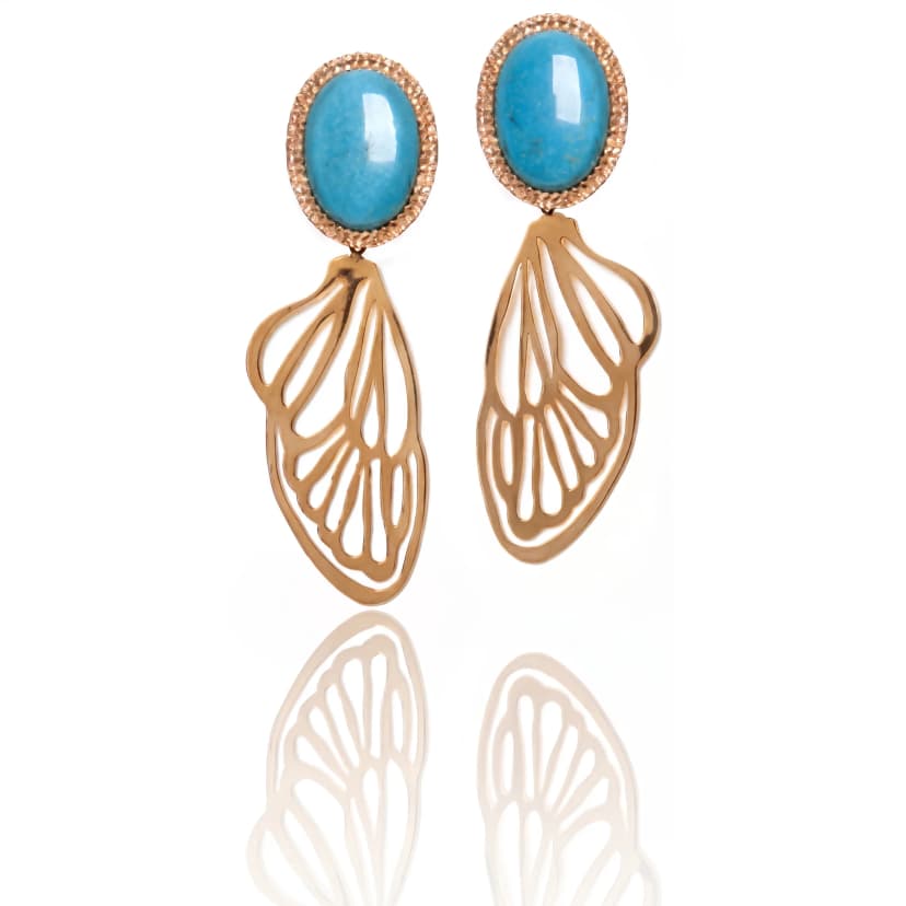 Brinco Cicada Wing em Ouro Rosê 18K, com Turquesas e Diamantes