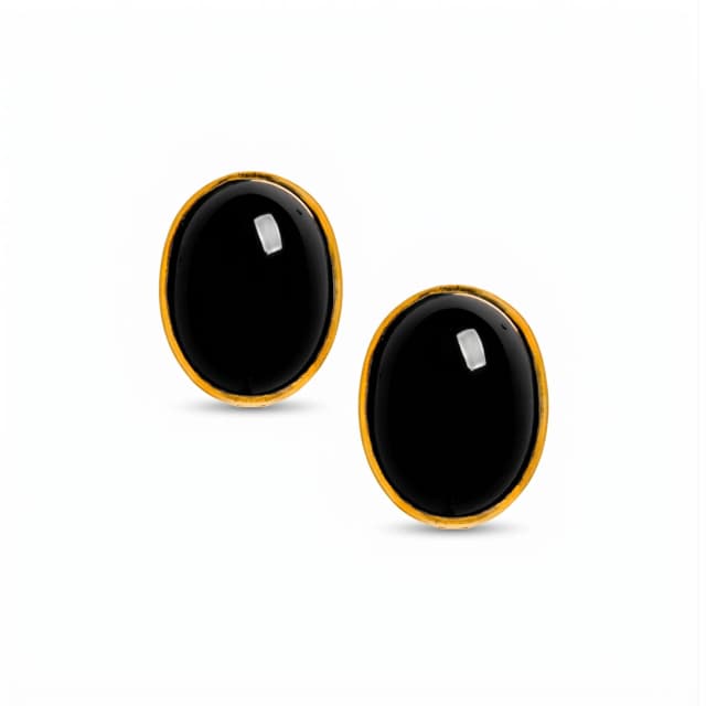 Brinco de Ônix Oval Cabochon em Ouro Amarelo 18K