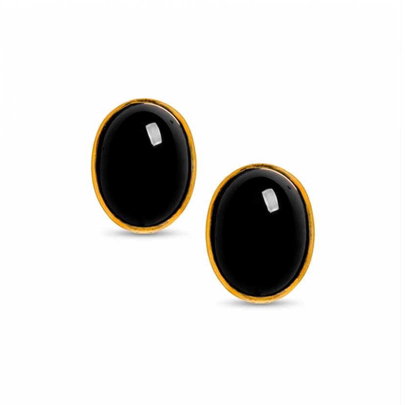 Brinco de Ônix Oval Cabochon em Ouro Amarelo 18K