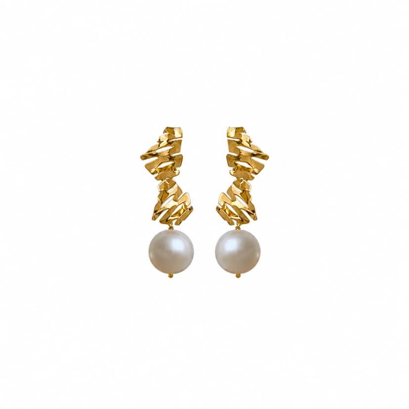 Brinco Honeycomb 2 Favinhos com Pérola em Ouro Amarelo