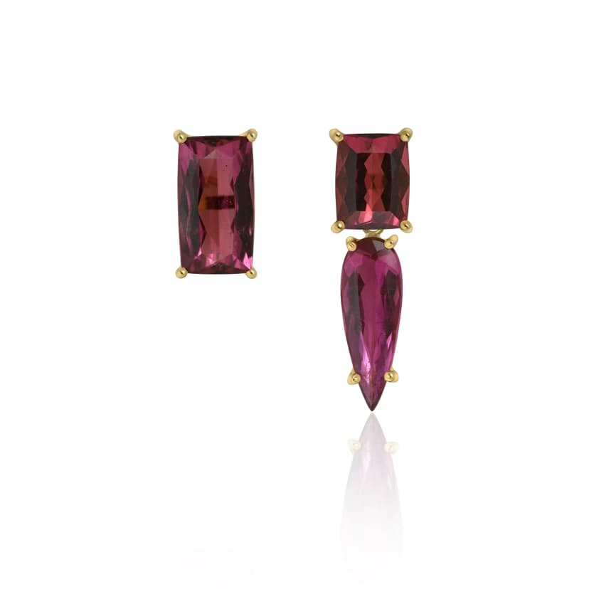 Brinco Retangular e Gota Assimétrico com Turmalina Rosa em Ouro Amarelo 18K