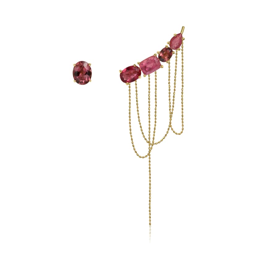 Brinco/ Ear Cuff Oval Retangular Gota Assimétrico com Turmalina Rosa em Ouro Amarelo 18K (3)