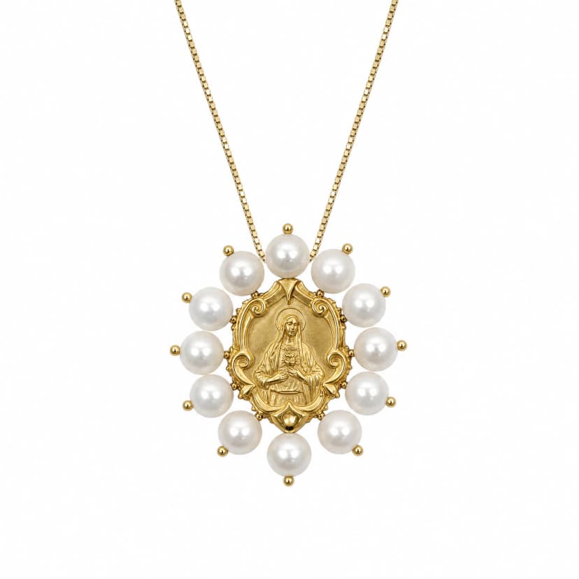 Escapulário Sagrado Coração de Jesus com Pérolas e Fio Veneziano em Ouro Amarelo 18K