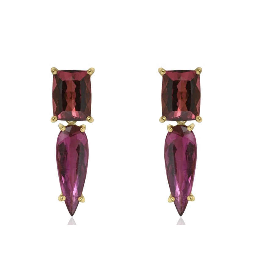 Brinco Retangular e Gota com Turmalina Rosa em Ouro Amarelo 18K
