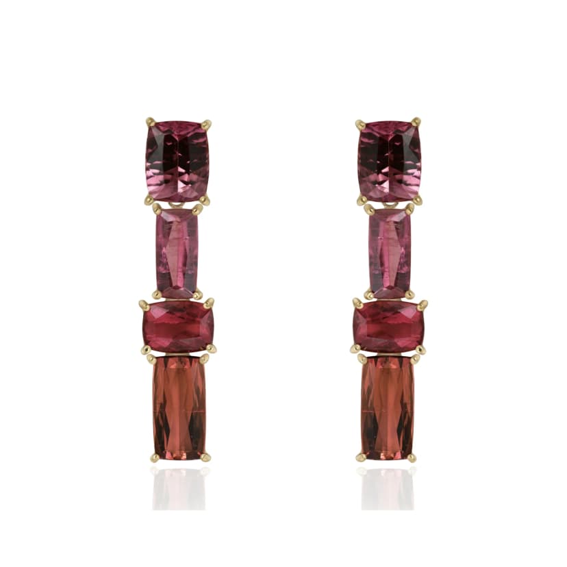 Brinco Flamma Retangular Longo com Turmalina Rosa em Ouro Amarelo 18K