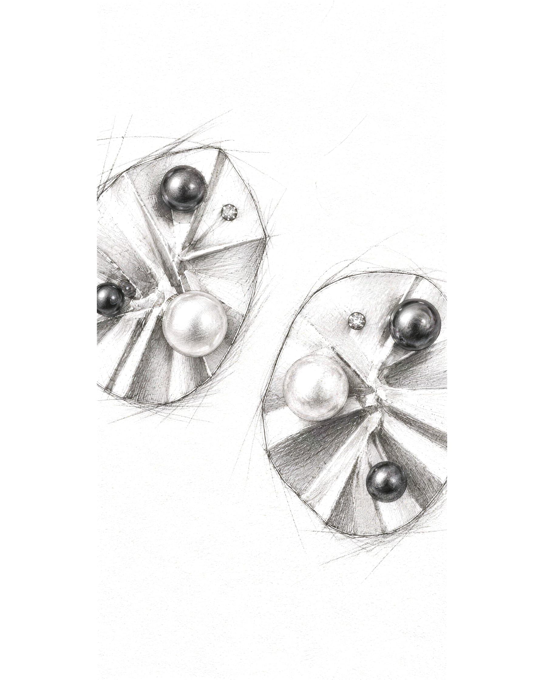 Desenho da Brinco Oyster com Pérolas e Diamante em Ouro Branco 18K