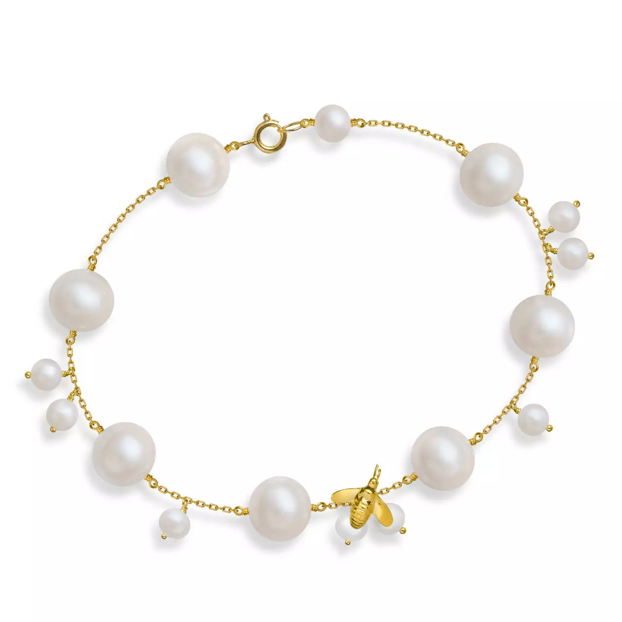 Pulseira Bee em Ouro Amarelo 18K, com Pérolas Brancas