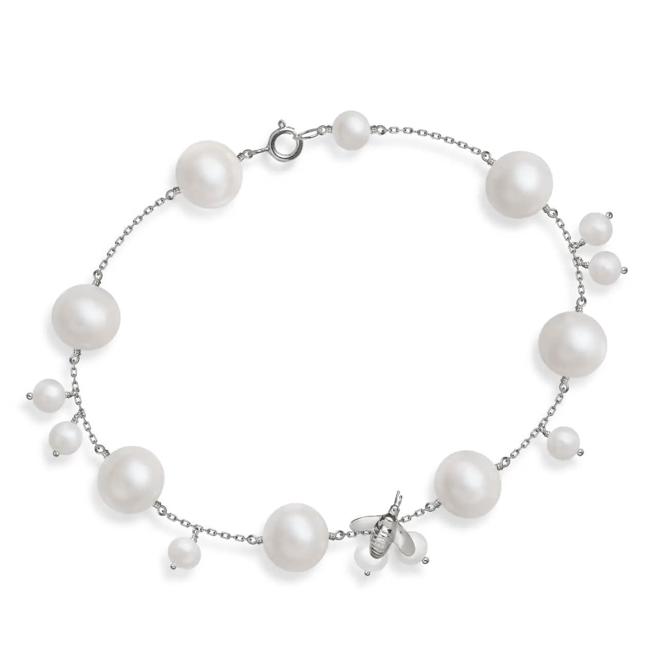 Pulseira Bee em Ouro Branco 18K, com Pérolas Brancas