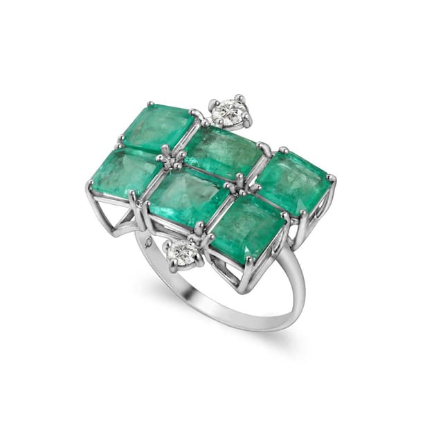 ANEL CADêNCIA - COM 6 ESMERALDAS E 2 DIAMANTES EM OURO BRANCO