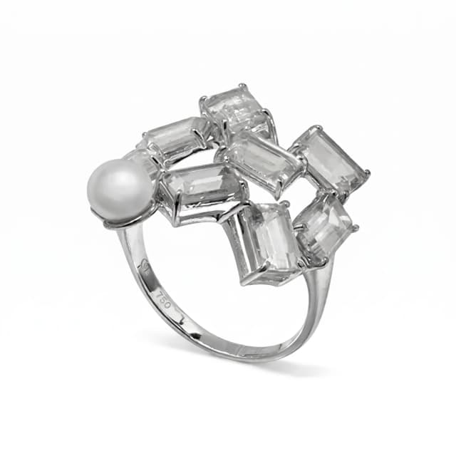 Anel Affetto de Cristal com Pérola em Ouro Branco 18K