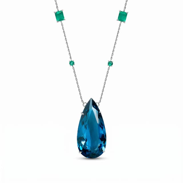 Colar de Esmeraldas Retangulares e Topázio London Ouro Branco 18K