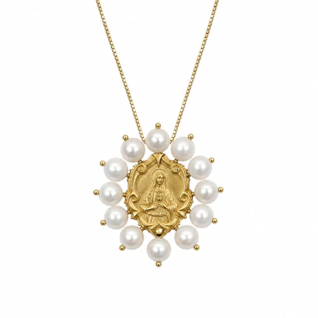 Escapulário Sagrado Coração de Jesus com Pérolas e Fio Veneziano em Ouro Amarelo 18K