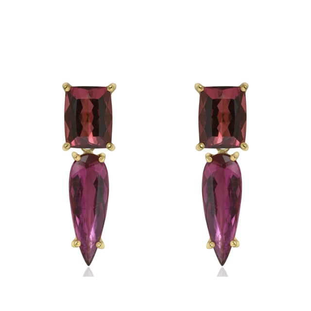 Brinco Retangular e Gota com Turmalina Rosa em Ouro Amarelo 18K