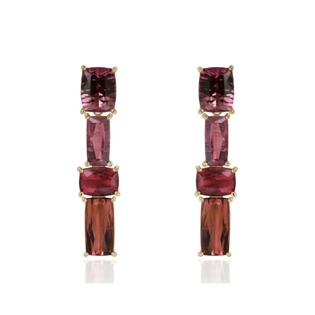 Brinco Flamma Retangular Longo com Turmalina Rosa em Ouro Amarelo 18K